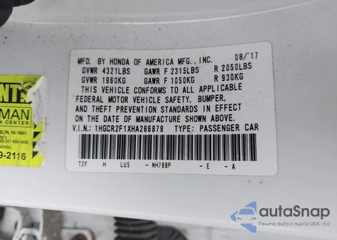 2017 Honda Accord Sport Se z USA, uszkodzony, nr VIN 1HGCR2F1XHA286879